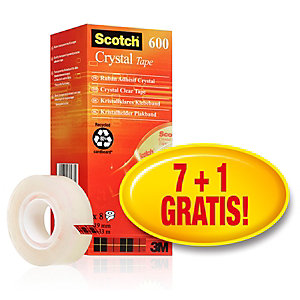 Scotch® Crystal Tape 600, Nastro trasparente finitura lucida, 19 mm x 33 m, Confezione da 8 pezzi