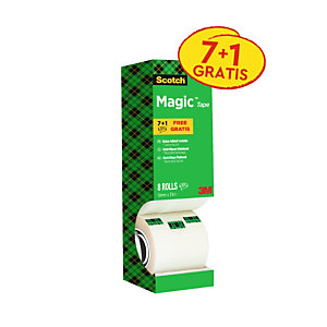 Scotch® Magic™ Pack Ahorro 7 + 1 GRATIS, Cinta adhesiva invisible de oficina, transparentes, 19 mm x 33 m