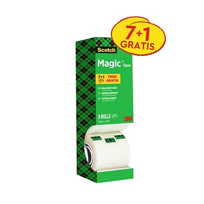 Scotch® Magic™ Pack Ahorro 7 + 1 GRATIS, Cinta adhesiva invisible de oficina, transparentes, 19 mm x 33 m - 1