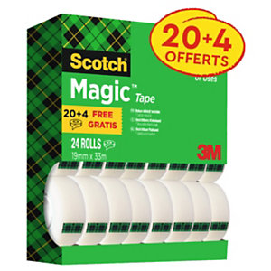 Scotch Magic Tape Ruban adhésif invisible 19 mm x 33 m (Lot de 20 + 4 OFFERTS)