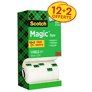 Scotch® Magic Tape Ruban adhésif invisible largeur 19 mm x longueur 33 m (Lot de 12 + 2 OFFERTS) 