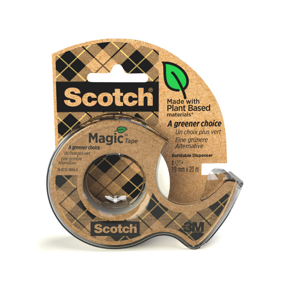 Scotch Dévidoir de ruban à main Magic Green rechargeable, transparent en plastique recyclé 100% avec rouleau Magic recyclé