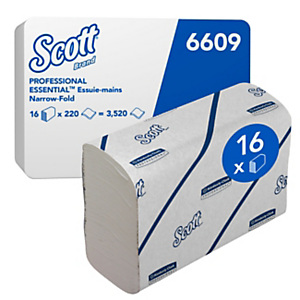 SCOTT® Asciugamani di carta piegati Essential™ 6609, 2 veli, 220 fogli, Piega a M, Bianco (16 pacchi da 220 asciugamani) SCOTT® Asciugamani di carta piegati Essential™ 6609, 2 veli, 220 fogli, Piega a M, Bianco (16 pacchi da 220 asciugamani)