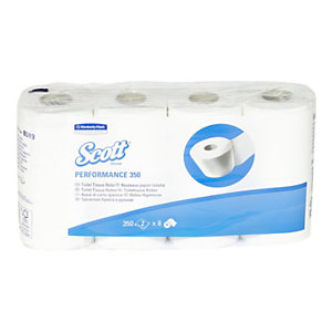 Scott® Performance 350 Rollo de papel higiénico estándar, 2 capas, 350 hojas, en relieve, 95 mm, blanco