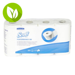 Scott® Performance 350 Rollo de papel higiénico estándar, 2 capas, 350 hojas, en relieve, 95 mm, blanco