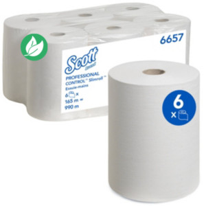 Scott Slimroll Essuie-mains Blanc simple épaisseur Rouleau distributeur - 6657 - Lot de 6 bobines 165 m Scott Slimroll Essuie-mains Blanc simple épaisseur Rouleau distributeur - 6657 - Lot de 6 bobines 165 m