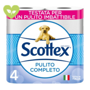SCOTTEX Rotolo di carta igienica standard Pulito Completo, 2 veli, 320 fogli, Bianco (confezione 4 pezzi)