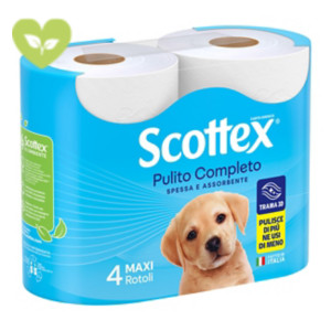 SCOTTEX Rotolo di carta igienica standard Pulito Completo, 2 veli, 320 fogli, Bianco (confezione 4 pezzi) SCOTTEX Rotolo di carta igienica standard Pulito Completo, 2 veli, 320 fogli, Bianco (confezione 4 pezzi)