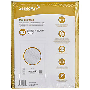 Sealed Air® Mail Lite, Busta imbottita a bolle d'aria, AirCap®, Autoadesiva, Carta Kraft, D1, 180 x 260 mm, Oro (confezione 10 pezzi)