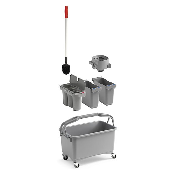 Secchio per pulizia con ruote modulo WC con scopino e 2 vaschette con strizzatore per mop - 2