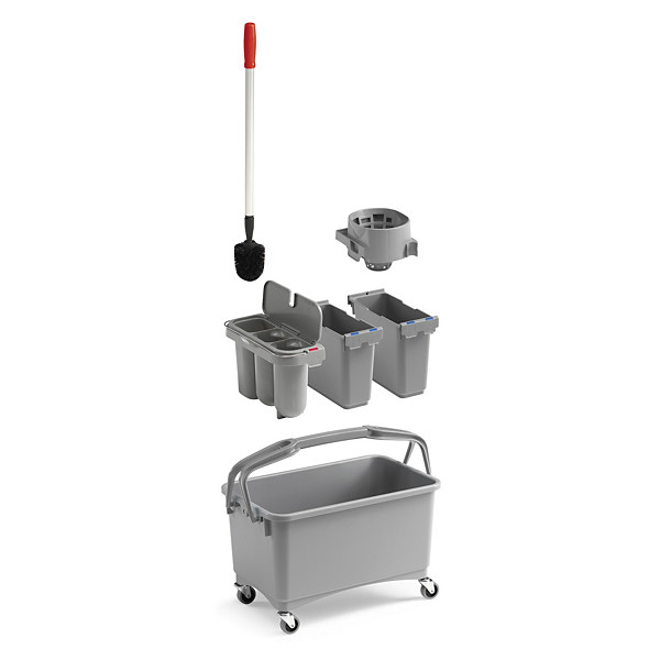 Secchio per pulizia con ruote modulo WC con scopino e 2 vaschette con strizzatore per mop - 1