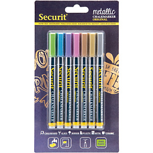 Securit® Marcatore a gesso liquido Securit, Punta tonda fine, Colori metallici (confezione 7 pezzi) Securit® Marcatore a gesso liquido Securit, Punta tonda fine, Colori metallici (confezione 7 pezzi)