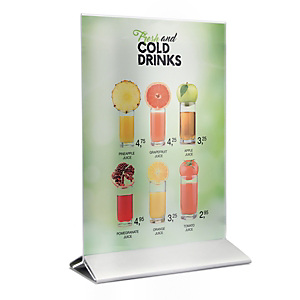 Securit® Porta Poster da tavolo in acrilico con base in acciaio, Formato A4, Trasparente Securit® Porta Poster da tavolo in acrilico con base in acciaio, Formato A4, Trasparente