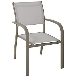Sedia da esterno Sunny, Impilabile con braccioli, 56 x 65 x 86 cm, Struttura in alluminio Tortora, Tessuto textilene Grigio chiaro