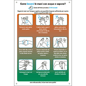 Segnaletica per emergenza Covid-19, Cartello adesivo "Come lavarsi le mani con acqua e sapone?", 200 x 300 mm Segnaletica per emergenza Covid-19, Cartello adesivo "Come lavarsi le mani con acqua e sapone?", 200 x 300 mm