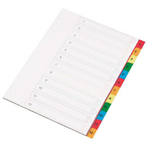Separadores, con portadilla, numérico 1-12, A4, polipropileno, 12 separadores, colores surtidos Separadores, con portadilla, numérico 1-12, A4, polipropileno, 12 separadores, colores surtidos