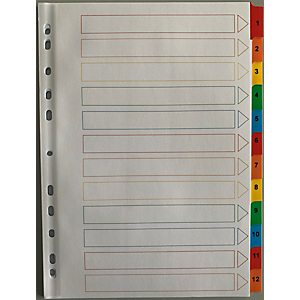 Separadores, con portadilla, numéricos 1-12, A4, cartulina, 12 separadores, pestañas plastificadas, blanco Separadores, con portadilla, numéricos 1-12, A4, cartulina, 12 separadores, pestañas plastificadas, blanco