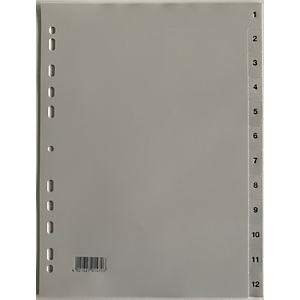 Separadores numéricos 1-12, A4, polipropileno, 12 separadores, gris Separadores numéricos 1-12, A4, polipropileno, 12 separadores, gris