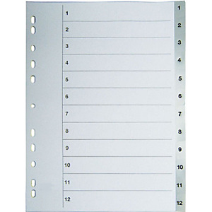 Separadores, numéricos 1-12, con portadilla, Folio, polipropileno, 12 separadores, gris Separadores, numéricos 1-12, con portadilla, Folio, polipropileno, 12 separadores, gris