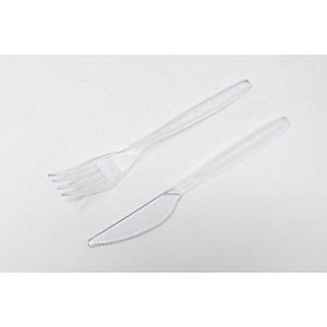 Set coltello e forchetta monouso in PS, Riciclabile, Trasparente (confezione 800 pezzi) Set coltello e forchetta monouso in PS, Riciclabile, Trasparente (confezione 800 pezzi)