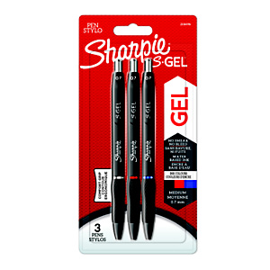 Sharpie S-Gel Bolígrafo retráctil de gel, punta extrafina de 0,7 mm, cuerpo con agarre de caucho, pack de 3 (azul, rojo y negro), colores surtidos
