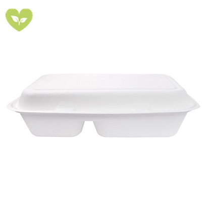 SIGNORBIO Scatola Lunchbox monouso 2 scomparti, Polpa di cellulosa, Biodegradabile e Compostabile, Capacità 1.000 ml, 15 x 23 x 8 cm, Bianco (confezione 200 pezzi) - 1