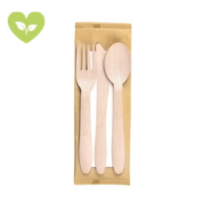 SIGNORBIO Tris posate, Forchetta, coltello e cucchiaio in legno naturale con tovagliolo, Naturale (confezione 250 pezzi)
