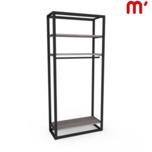 Sistema a scaffale Shopping con reggiripiani, barra appenderia e ripiani in legno, 107,2 x 44,2 x 240 cm, Metallo verniciato/legno, Nero opaco/Naturale Sistema a scaffale Shopping con reggiripiani, barra appenderia e ripiani in legno, 107,2 x 44,2 x 240 cm, Metallo verniciato/legno, Nero opaco/Naturale
