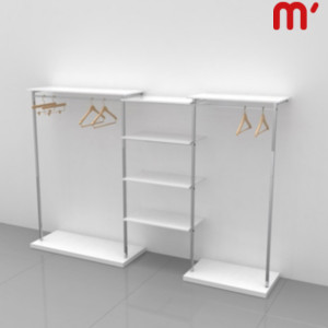 Soluzione modulare a muro System con base, barre appenderia e ripiani in legno, 224 x 40 x 146 cm, Metallo/Legno, Cromato/Bianco Lucido Soluzione modulare a muro System con base, barre appenderia e ripiani in legno, 224 x 40 x 146 cm, Metallo/Legno, Cromato/Bianco Lucido