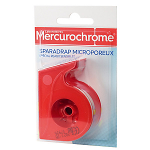 Sparadrap microporeux Mercurochrome 5 m x 2,5 cm, 2 rouleaux avec dévidoir Sparadrap microporeux Mercurochrome 5 m x 2,5 cm, 2 rouleaux avec dévidoir