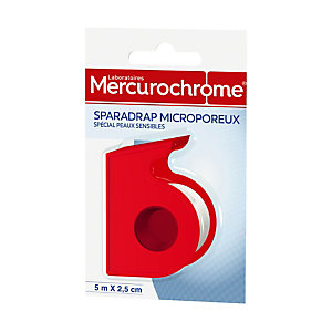 Sparadrap microporeux Mercurochrome 5 m x 2,5 cm, 2 rouleaux avec dévidoir