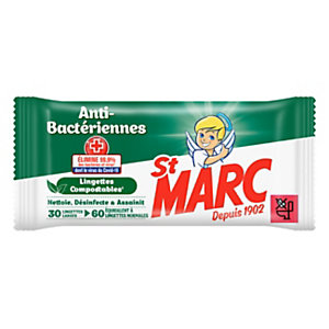 St. Marc Lingettes nettoyantes antibactériennes 100% biodégradables - Paquet de 30 extra-larges