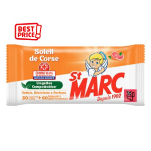 St. Marc Lingettes nettoyantes antibactériennes 100% biodégradables - Soleil de Corse - Paquet de 30 extra-larges