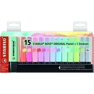 STABILO Boss 70 Marcador fluorescente, punta biselada, 2-5 mm, deskset de 15, surtido pastel