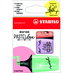 STABILO Boss Mini Pastellove Edition, Marcador fluorescente, punta biselada, 2-5 mm, pizca de menta, brisa violeta y melocoton sedoso