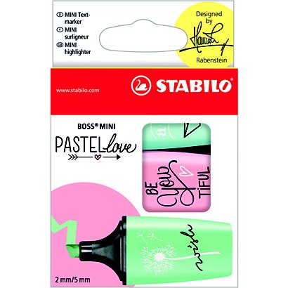 STABILO Boss Mini PASTELlove, Evidenziatore, Punta a scalpello, 2 mm - 5 mm, Colori pastello assortiti: verde menta, rosa antico, carta da zucchero (confezione 3 pezzi)