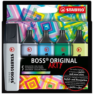 STABILO BOSS® ORIGINAL Evidenziatore Arty Cool Colors, Punta a scalpello, Tratto 2 - 5 mm, Colori Assortiti (confezione 5 pezzi)