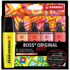 STABILO BOSS® ORIGINAL Evidenziatore Arty Warm Colors, Punta a scalpello, Tratto 2 - 5 mm, Colori Assortiti (confezione 5 pezzi)