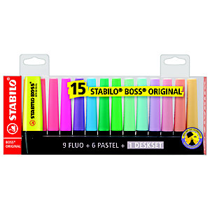 STABILO BOSS® ORIGINAL Set da scrivania 15 evidenziatori, Punta a scalpello, 2-5 mm, Colori Assortiti (9 fluorescenti, 6 pastello)