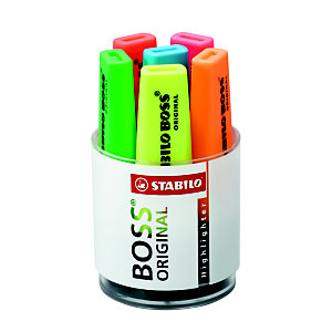 STABILO Boss Original - Surligneur pointe biseautée 2 et 5 mm - Coloris assortis - Pot de 6