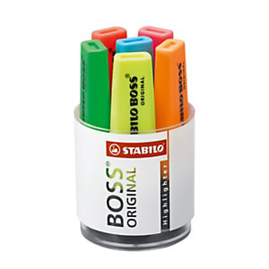 STABILO BOSS ORIGINAL Surligneur pointe biseautée 2 et 5 mm - Pot de 6 coloris assorti fluo