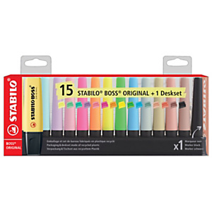 STABILO BOSS ORIGINAL - Surligneur pointe biseautée 2 et 5 mm - Set de bureau de 15 coloris assortis fluo, pastel + 1 marqueur noir STABILO BOSS ORIGINAL - Surligneur pointe biseautée 2 et 5 mm - Set de bureau de 15 coloris assortis fluo, pastel + 1 marqueur noir