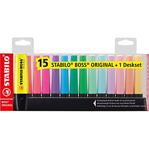 STABILO Boss Original - Surligneur pointe biseautée 2 et 5 mm - Set de bureau de 15 coloris assortis fluo et pastel