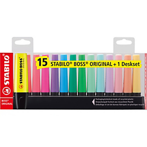 STABILO BOSS ORIGINAL - Surligneur pointe biseautée 2 et 5 mm - Set de bureau de 15 coloris assortis fluo et pastel STABILO BOSS ORIGINAL - Surligneur pointe biseautée 2 et 5 mm - Set de bureau de 15 coloris assortis fluo et pastel