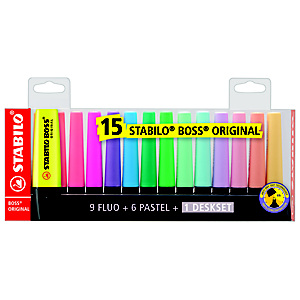 STABILO BOSS® Set da scrivania 15 evidenziatori ORIGINAL, Punta a scalpello, Tratto 2-5 mm, Colori Assortiti (9 fluorescenti, 6 pastello) STABILO BOSS® Set da scrivania 15 evidenziatori ORIGINAL, Punta a scalpello, Tratto 2-5 mm, Colori Assortiti (9 fluorescenti, 6 pastello)