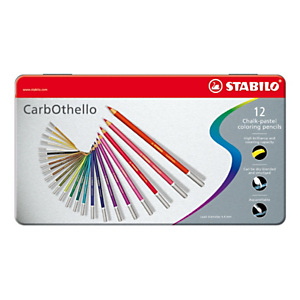 STABILO CarbOthello Lápices de colores, cuerpo redondo, 12 lápices, caja de metal, trazo seco, suave mina de 4,4 mm, colores surtidos tiza-pastel