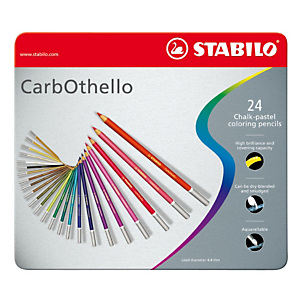 STABILO CarbOthello Lápices de colores, cuerpo redondo, 24 lápices, caja de metal, trazo seco, suave mina de 4,4 mm, colores surtidos tiza-pastel
