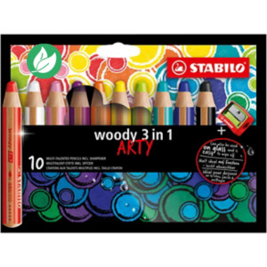 Stabilo Crayon de couleur effaçable PEFC multi-talents Woody 3 en 1 - Etui de 10 coloris assortis + 1 taille-crayon
