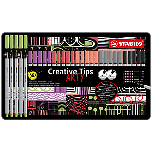 STABILO Creative Tips Rotulador, estuche ARTY, con 5 puntas diferentes (0,2 mm, 0,4 mm, 0,7 mm, 1 mm y punta de pincel) en color negro y gris, para escritura creativa, dibujo, lettering y bocetos, estuche de 30 rotuladores, 6 colores (verde claro, violeta, rojo claro, naranja, gris y negro) STABILO Creative Tips Rotulador, estuche ARTY, con 5 puntas diferentes (0,2 mm, 0,4 mm, 0,7 mm, 1 mm y punta de pincel) en color negro y gris, para escritura creativa, dibujo, lettering y bocetos, estuche de 30 rotuladores, 6 colores (verde claro, violeta, rojo claro, naranja, gris y negro)