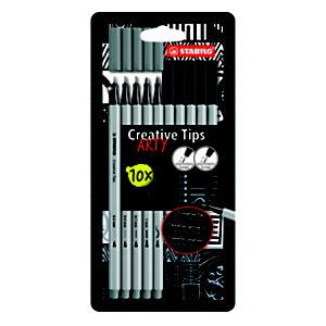 STABILO Creative Tips Rotulador, estuche ARTY, con 5 puntas diferentes (0,2 mm, 0,4 mm, 0,7 mm, 1 mm y punta de pincel), para escritura creativa, dibujo, lettering y bocetos, estuche de 10 rotuladores, en color negro y gris STABILO Creative Tips Rotulador, estuche ARTY, con 5 puntas diferentes (0,2 mm, 0,4 mm, 0,7 mm, 1 mm y punta de pincel), para escritura creativa, dibujo, lettering y bocetos, estuche de 10 rotuladores, en color negro y gris
